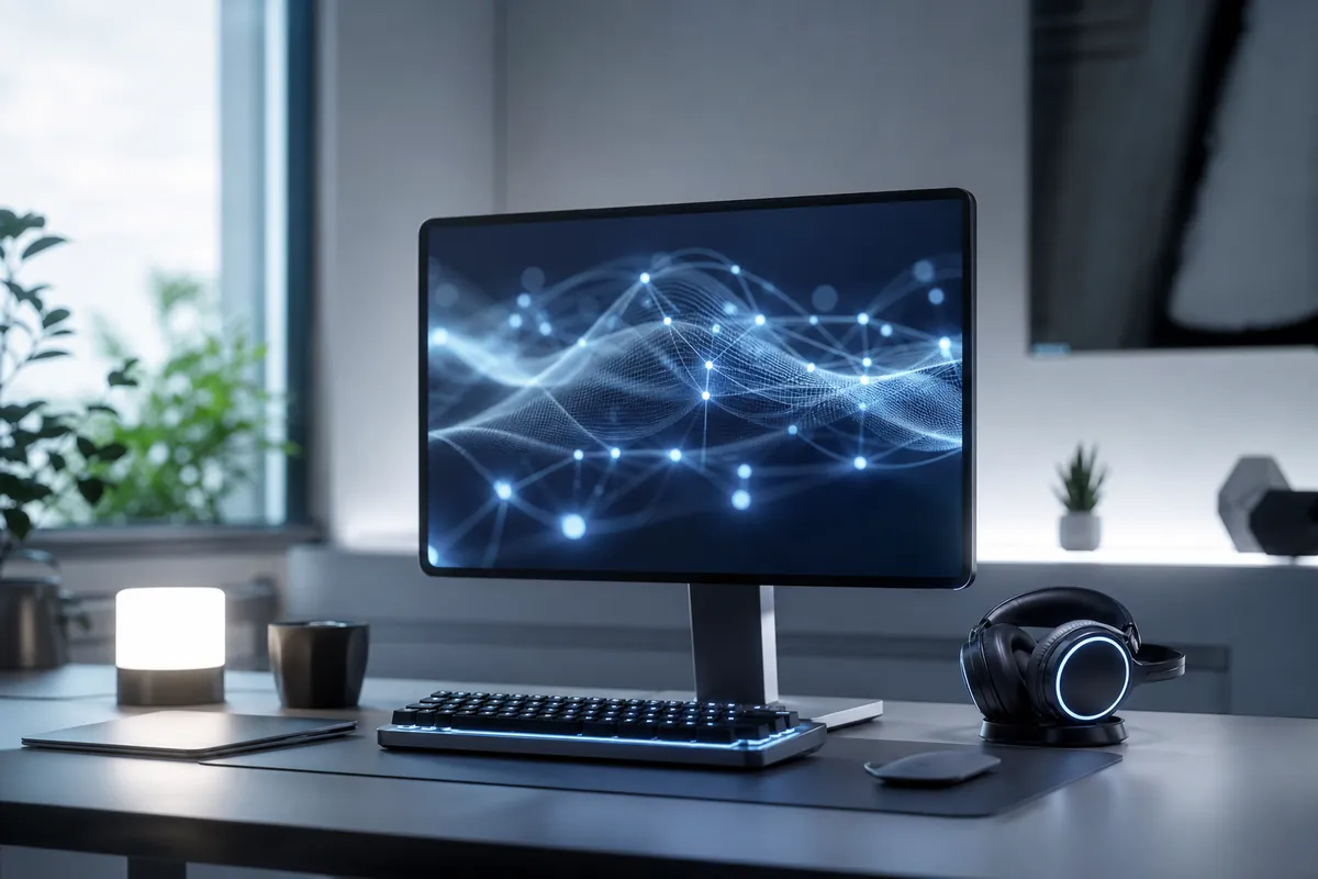 Bureau moderne équipé d’accessoires pour utiliser l’intelligence artificielle