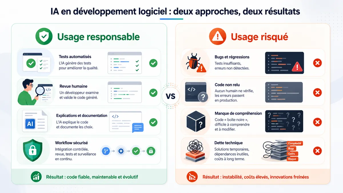 Comparaison entre usage responsable et usage risqué de l’IA en développement logiciel