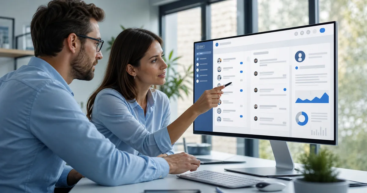 Deux professionnels collaborent autour d’un CRM intégré à la messagerie
