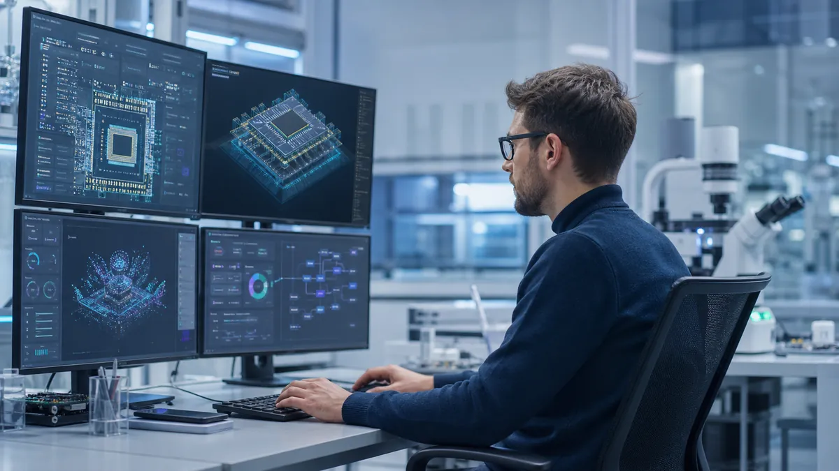 Ingénieur travaillant sur la conception de puces avec des outils d'intelligence artificielle
