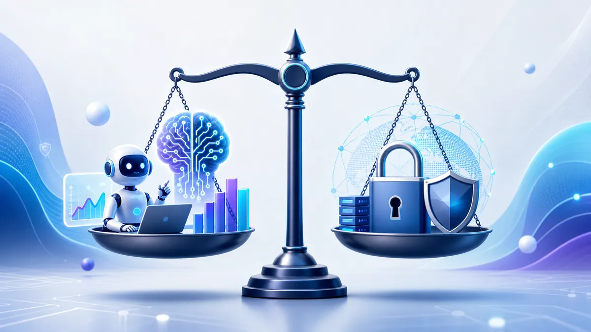 Balance symbolisant l’équilibre entre productivité IA et sécurité