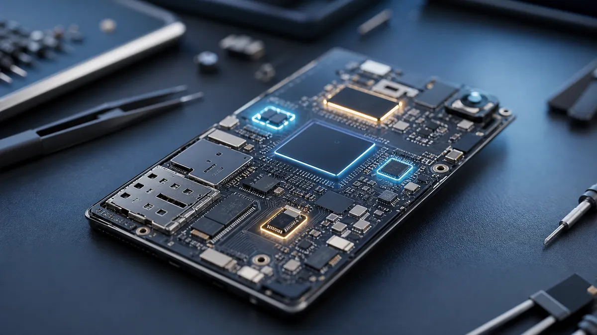 Carte électronique de smartphone 5G avec composants mis en évidence