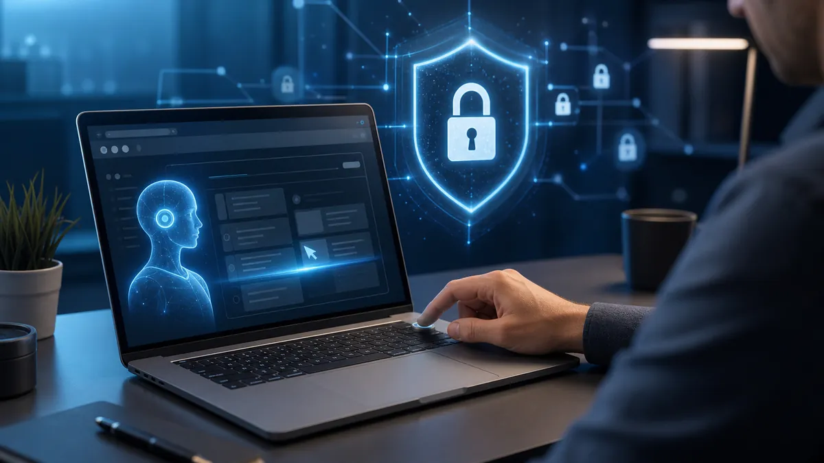 Un utilisateur valide une connexion sécurisée avec Touch ID pendant qu’un agent IA utilise le navigateur