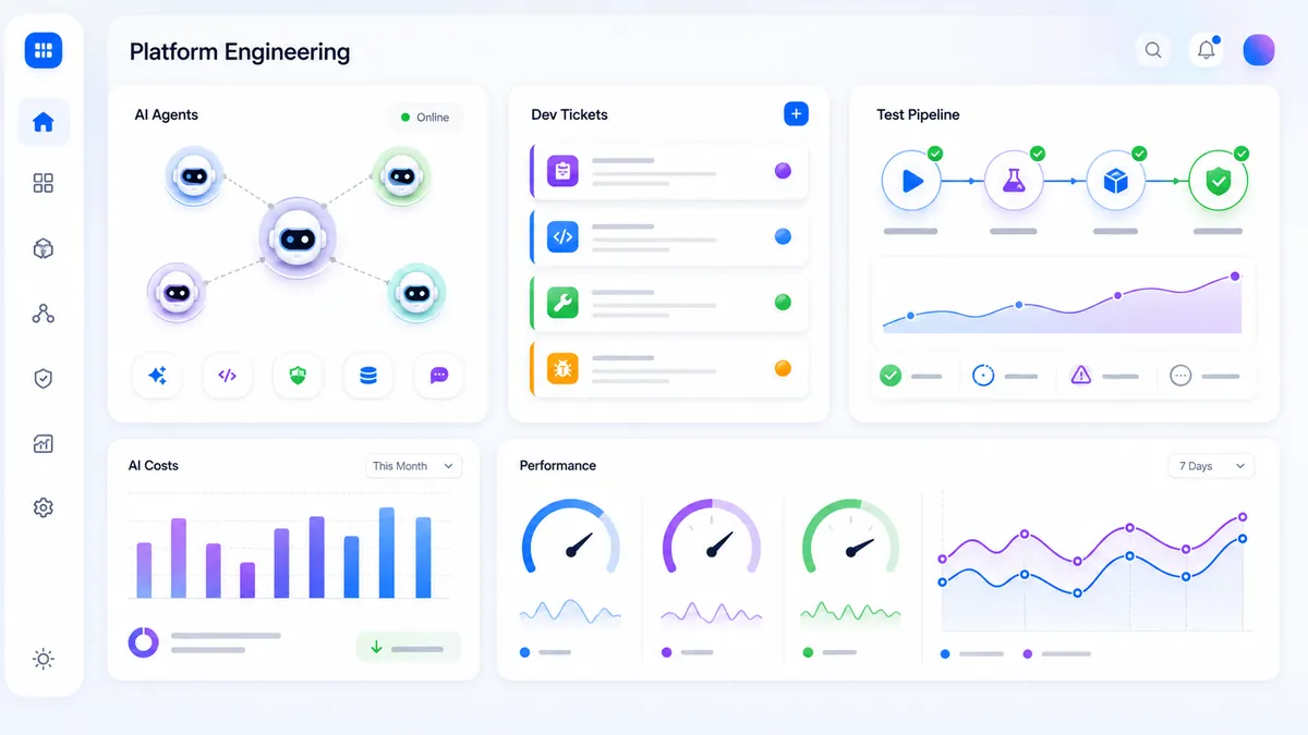 Tableau de bord de platform engineering avec agents IA et indicateurs de développement