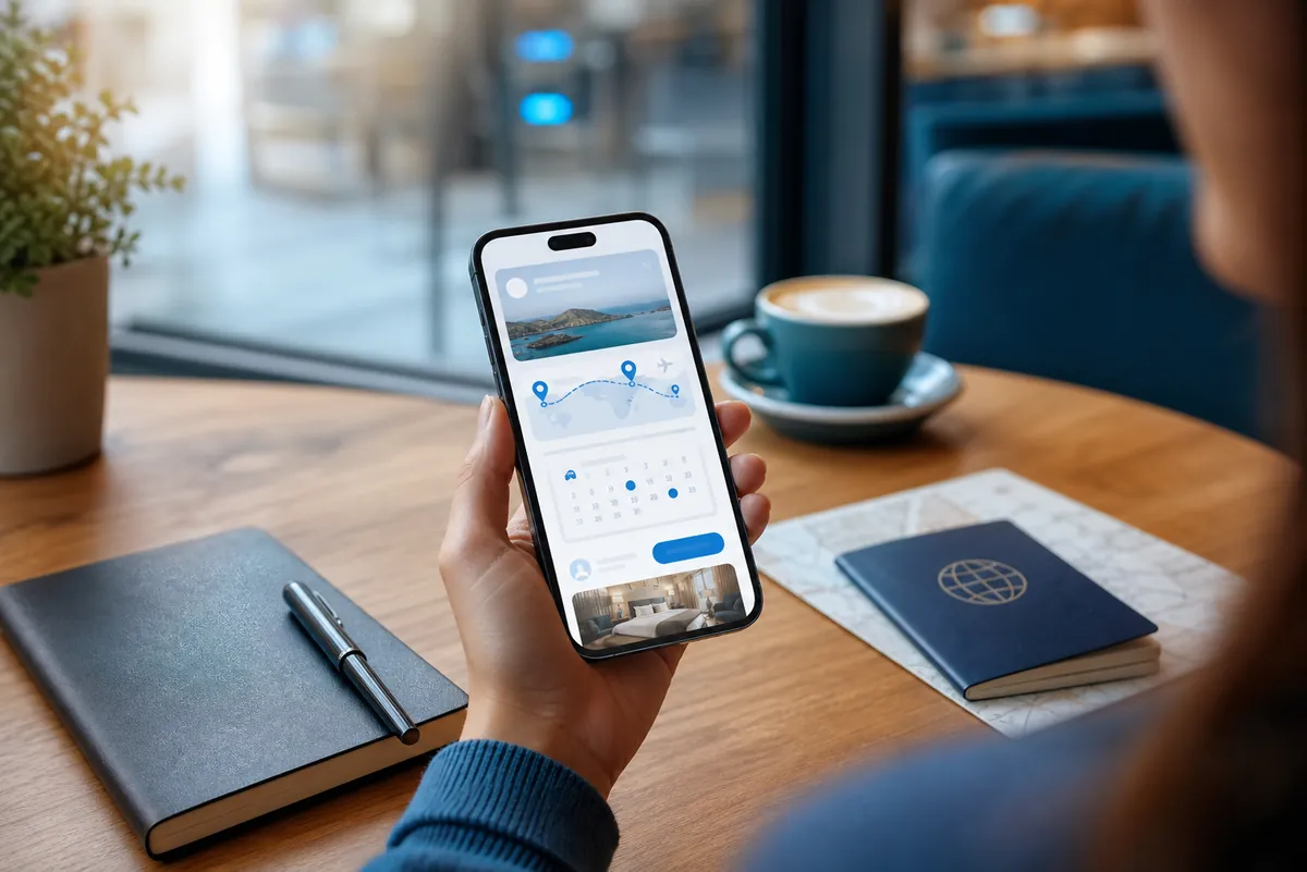 Utilisateur préparant un voyage avec une assistance IA sur smartphone