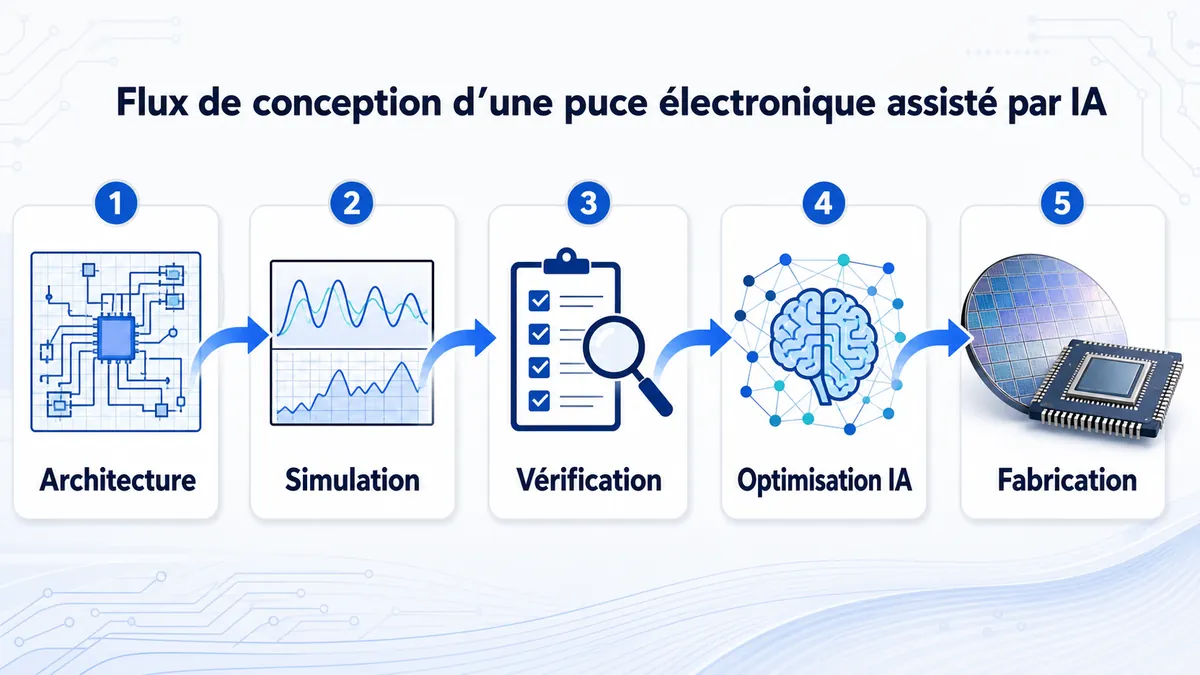 Schéma du flux de conception d'une puce assisté par intelligence artificielle