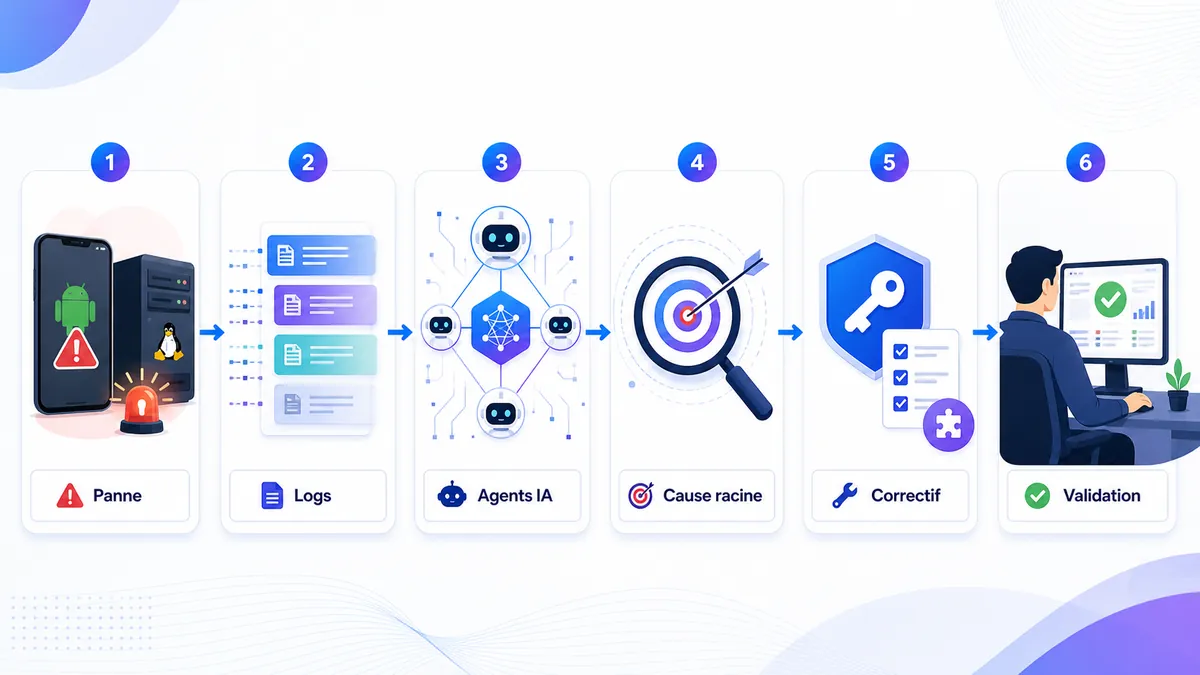 Flux de diagnostic de logcat.ai depuis les journaux système jusqu’au correctif recommandé