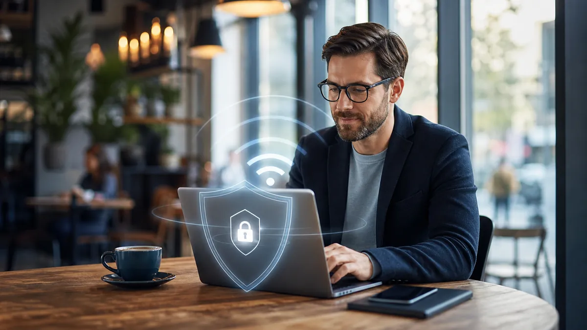 Professionnel utilisant un VPN sur un Wi-Fi public