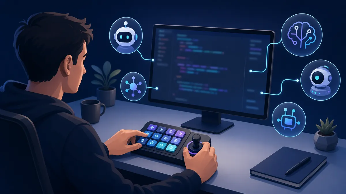 Développeur utilisant un clavier macro pour piloter des agents IA