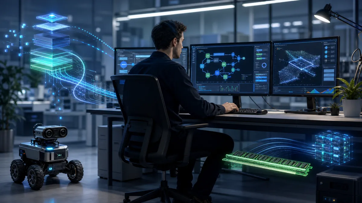 Développeur optimisant un système IA embarqué pour robot