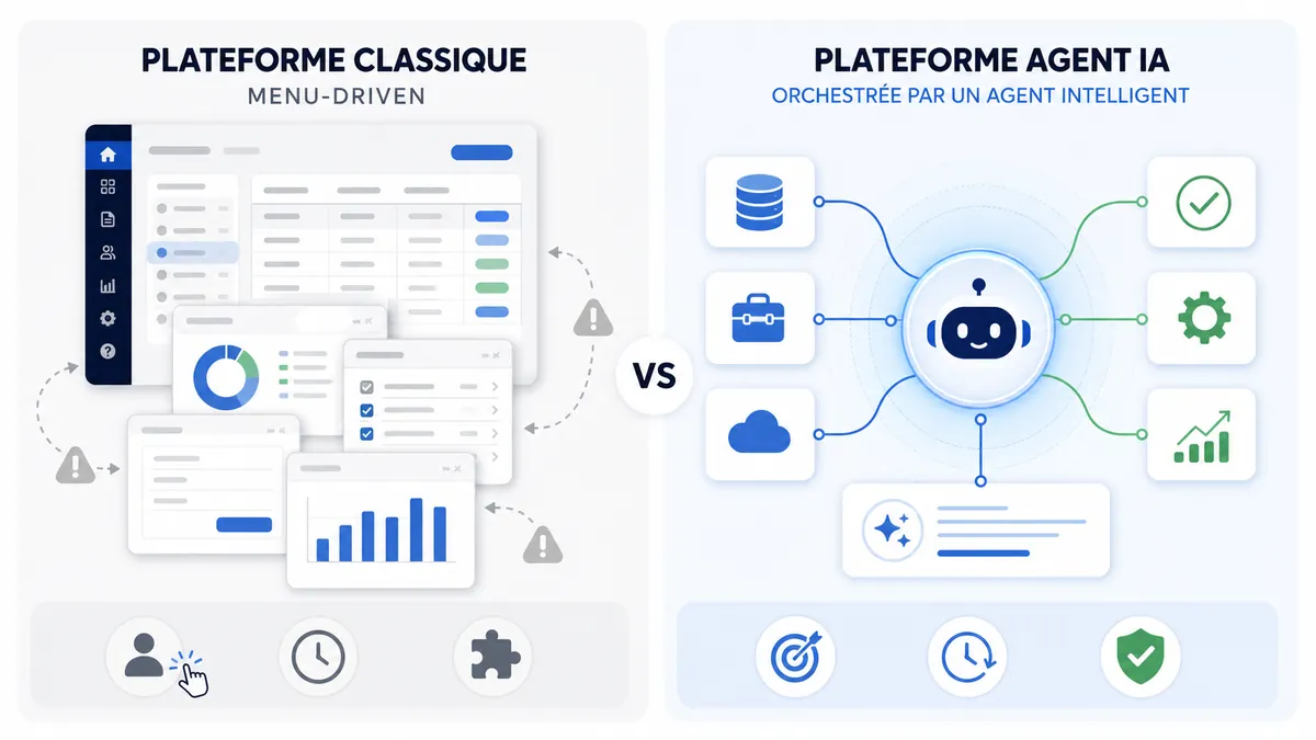 Schéma comparant une plateforme classique et une plateforme centrée sur un agent IA