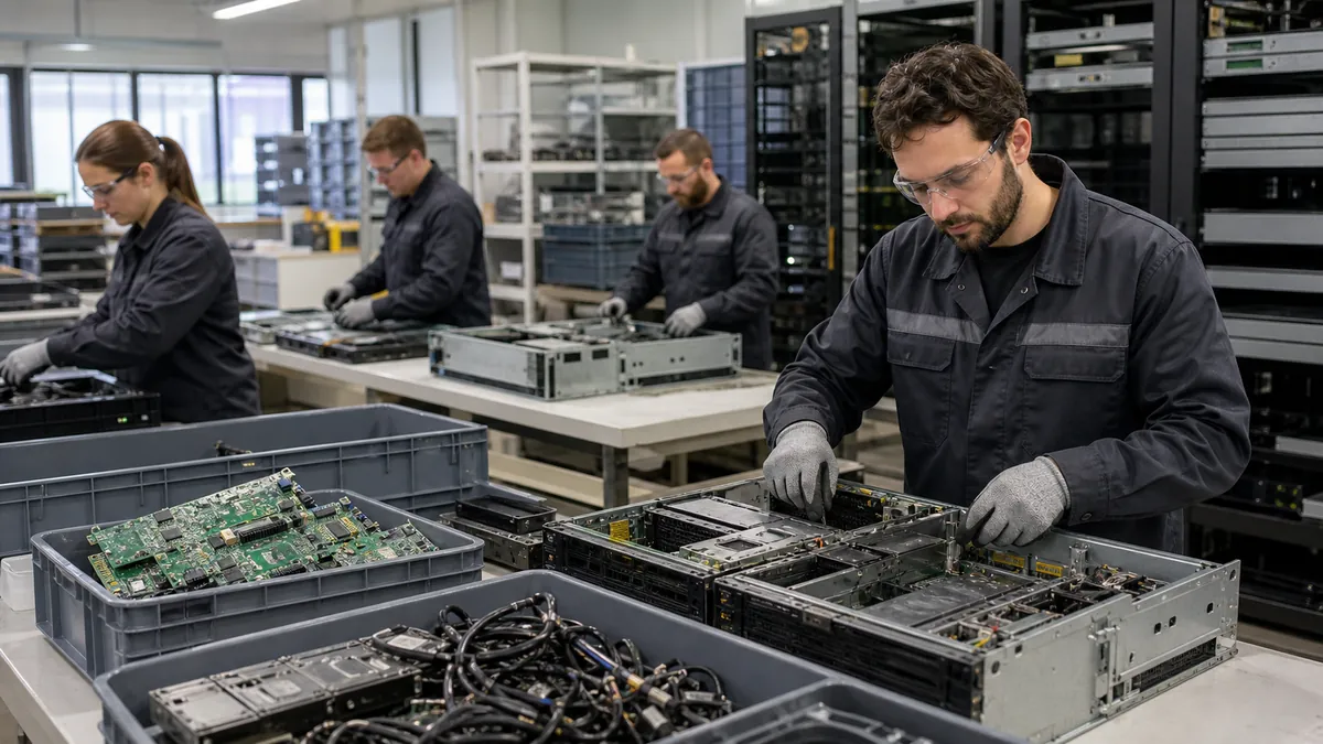 Techniciens recyclant des serveurs informatiques dans un atelier