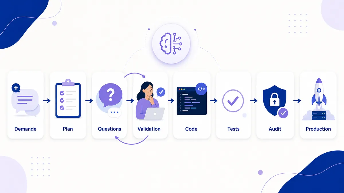 Workflow de développement IA avec planification et validation humaine