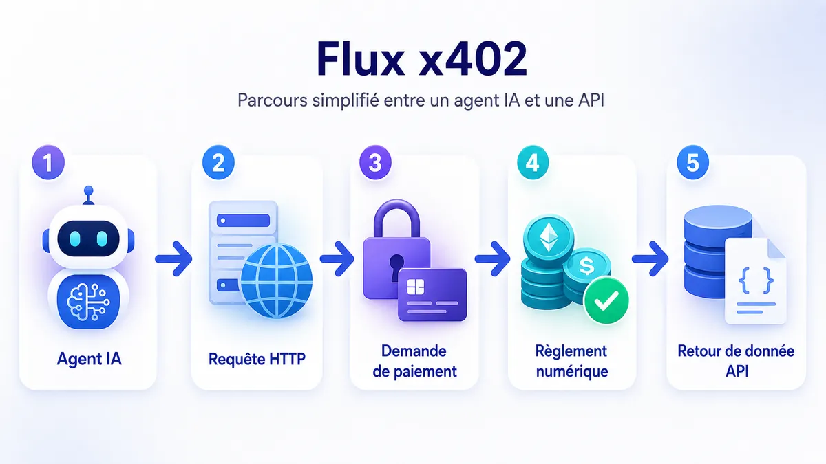 Parcours simplifié d’une transaction x402 entre un agent IA et une API