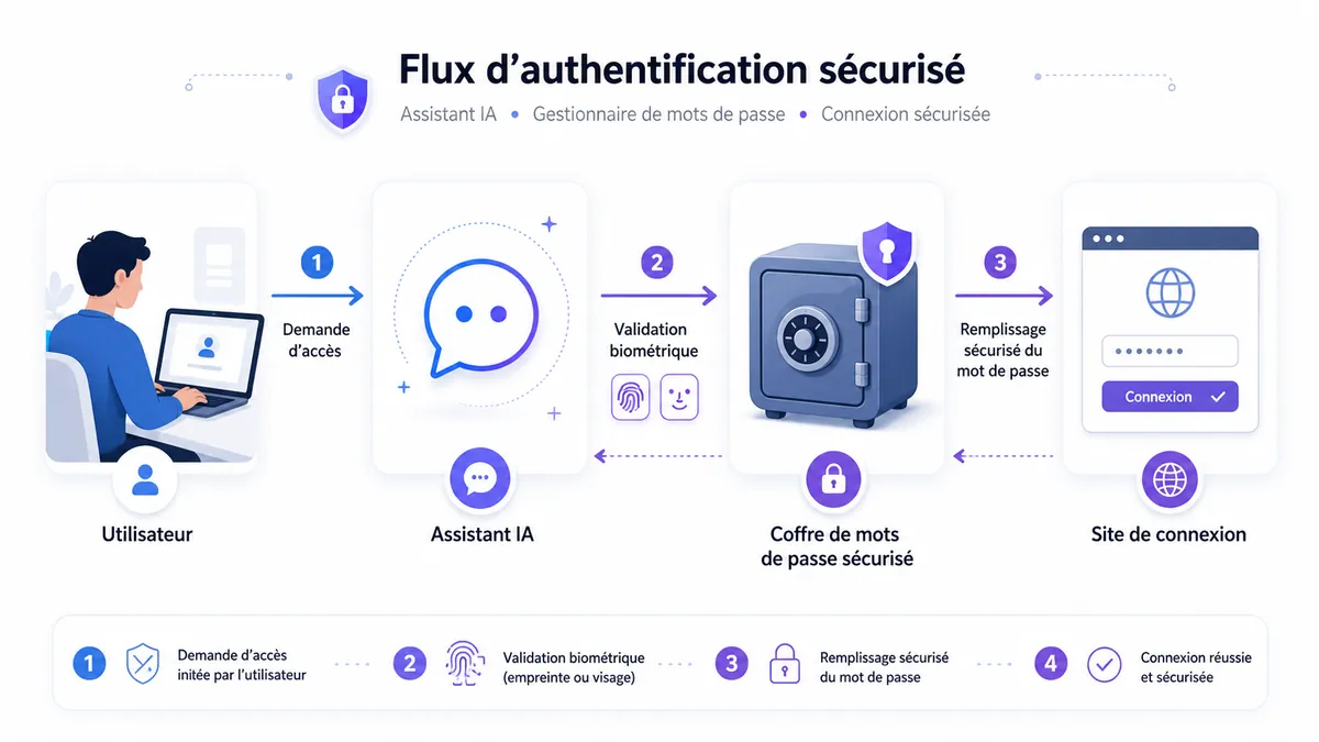 Schéma du fonctionnement entre Claude, 1Password et un site de connexion