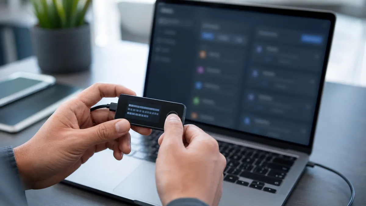 Utilisateur vérifiant une adresse de transaction sur un cold wallet
