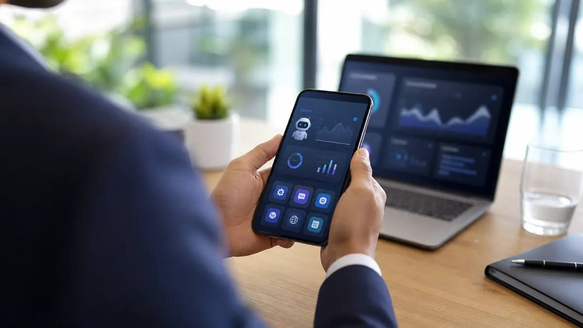 Utilisateur professionnel utilisant un smartphone avec agent IA