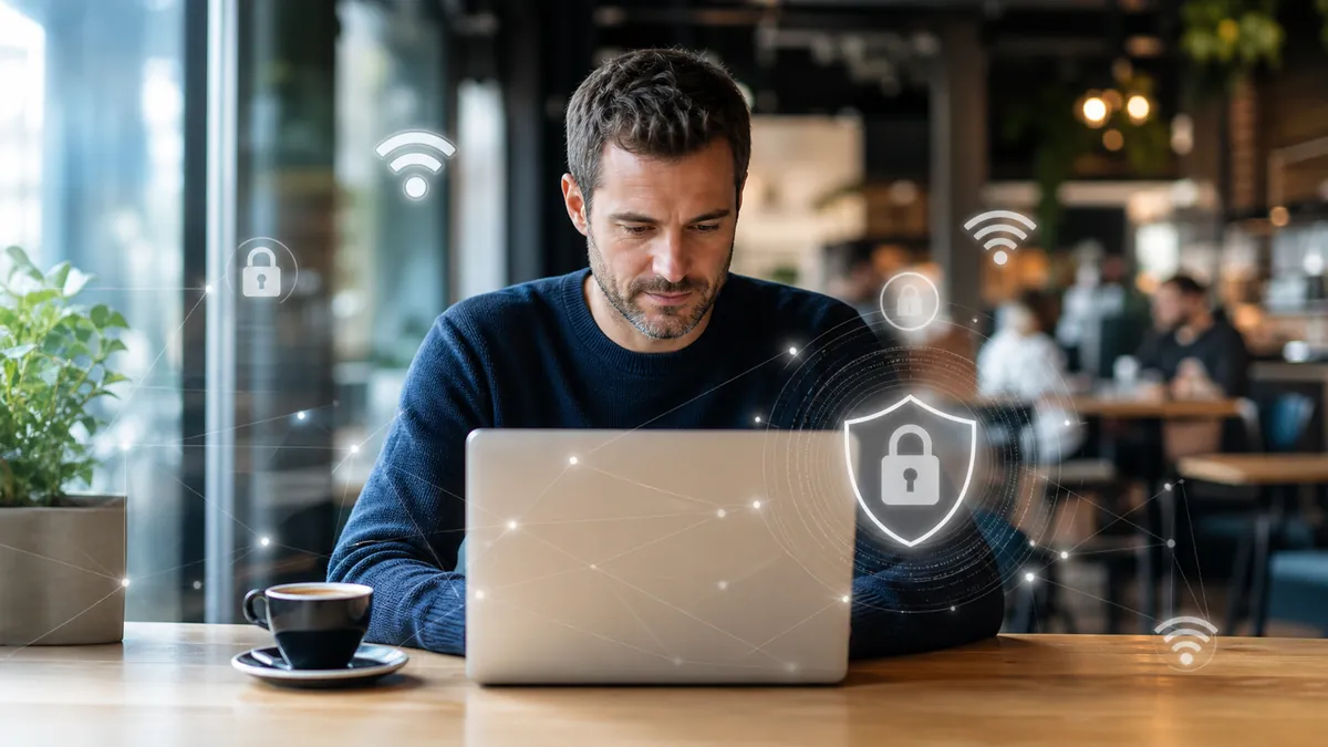 Utilisateur de Mac connecté à un Wi-Fi public avec protection de sécurité