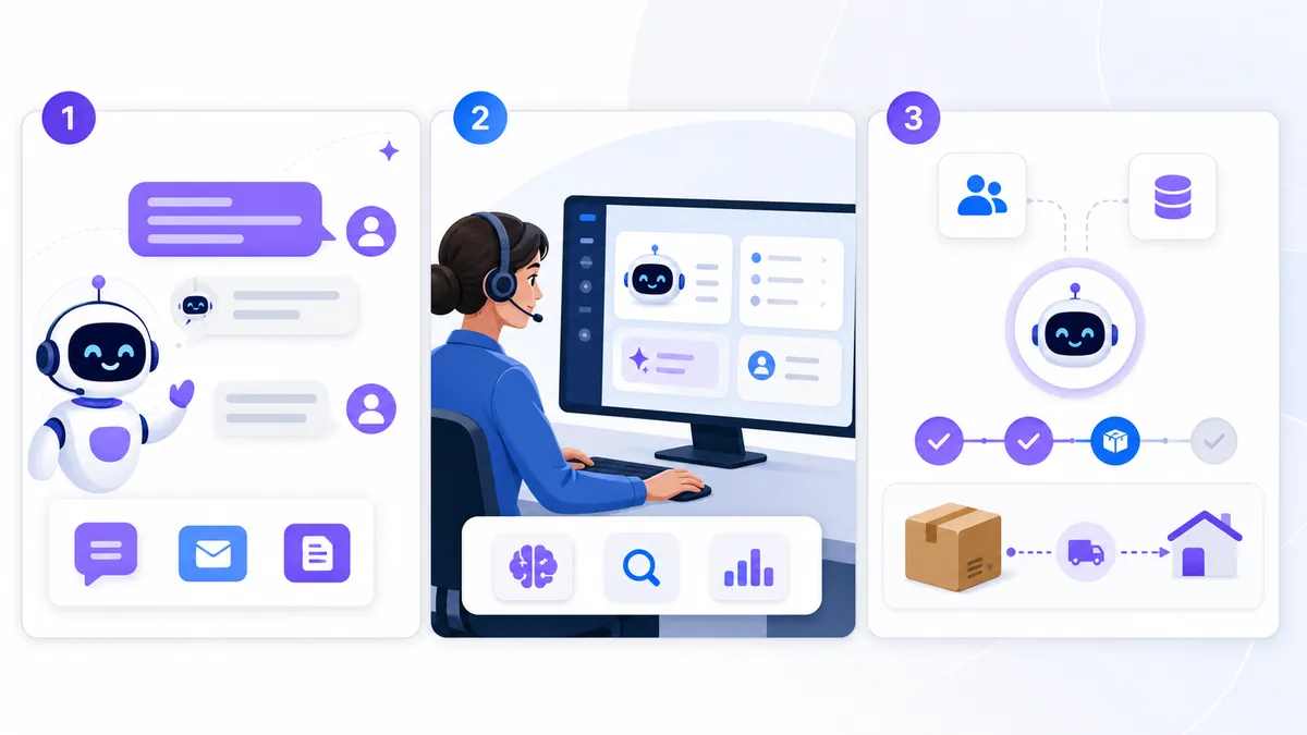 Scénario de support client traité par chatbot, assistant IA et agent IA