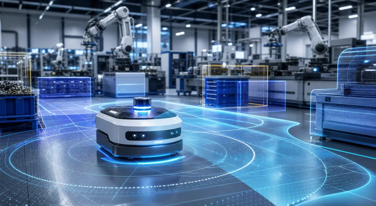 Robot mobile analysant son environnement industriel avec l’IA