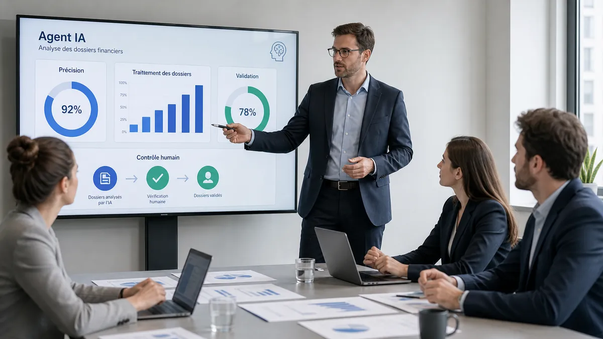 Une équipe comptable évalue les résultats d’un agent IA en réunion