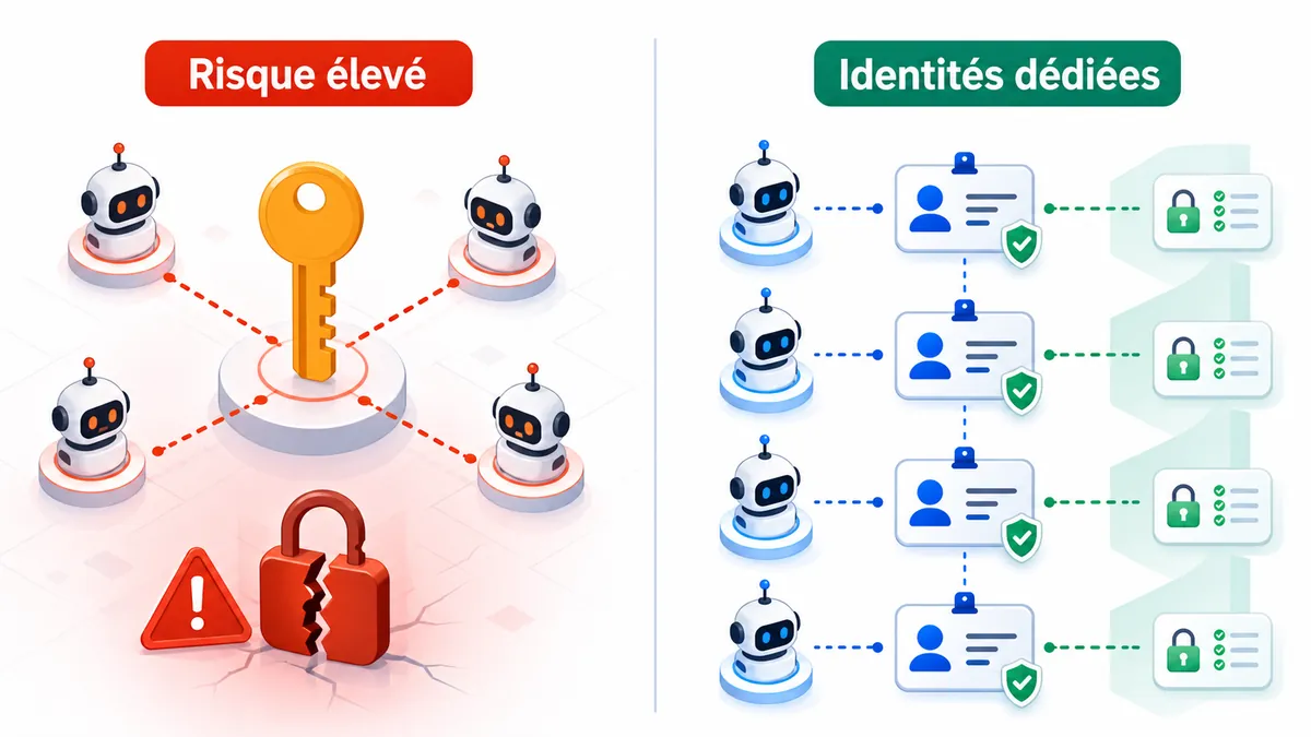 Comparaison entre agents IA partageant des identifiants et agents avec identités dédiées
