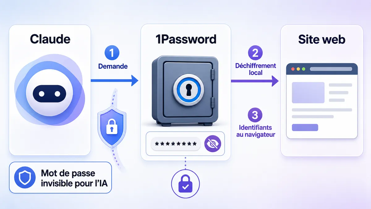 Schéma montrant Claude qui demande une connexion à 1Password sans voir le mot de passe