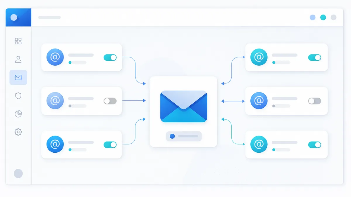 Interface de gestion d’alias e-mail redirigés vers une boîte principale