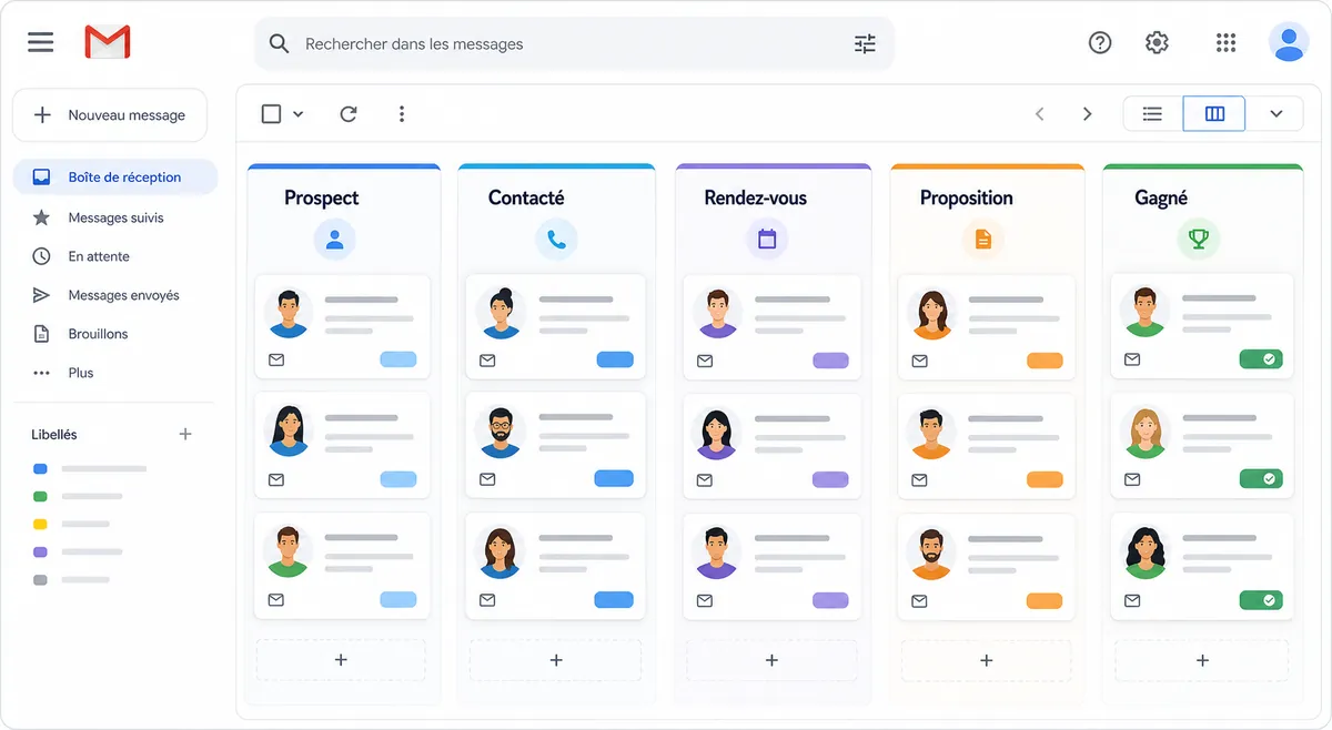Exemple de pipeline CRM organisé dans Gmail