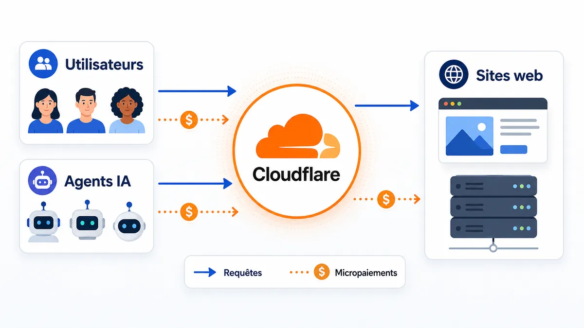 Schéma du rôle de Cloudflare entre agents IA et sites web