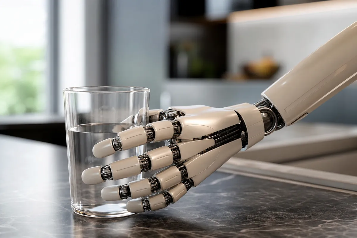 Main robotique saisissant délicatement un verre