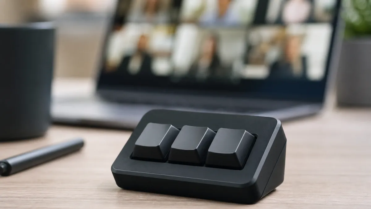 Clavier macro compact posé devant un ordinateur en visioconférence