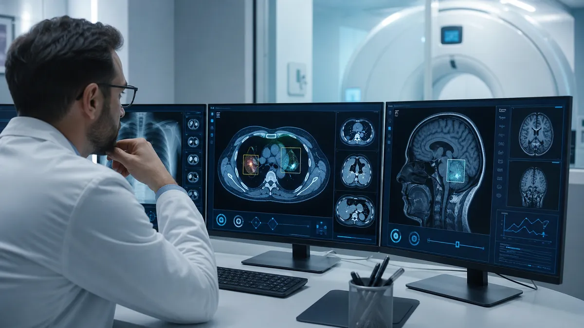Radiologue utilisant une intelligence artificielle pour analyser des examens médicaux