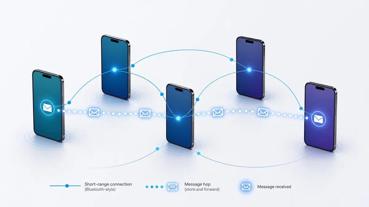 Schéma d’un message relayé entre plusieurs smartphones dans un réseau maillé