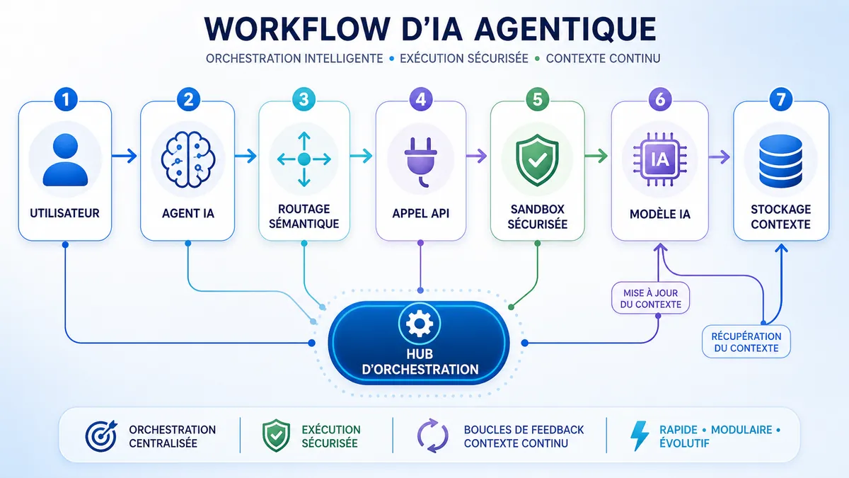Schéma d’un workflow d’IA agentique avec orchestration et exécution sécurisée