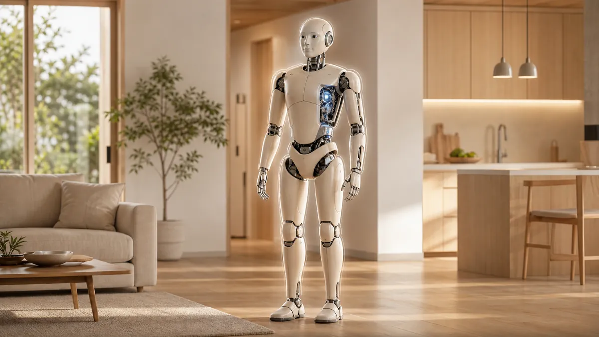 Robot humanoïde Neo représenté à taille humaine dans une maison
