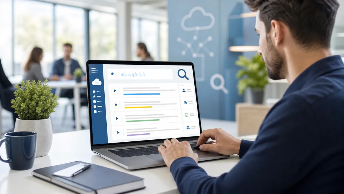 Utilisateur consultant une transcription IA sur ordinateur