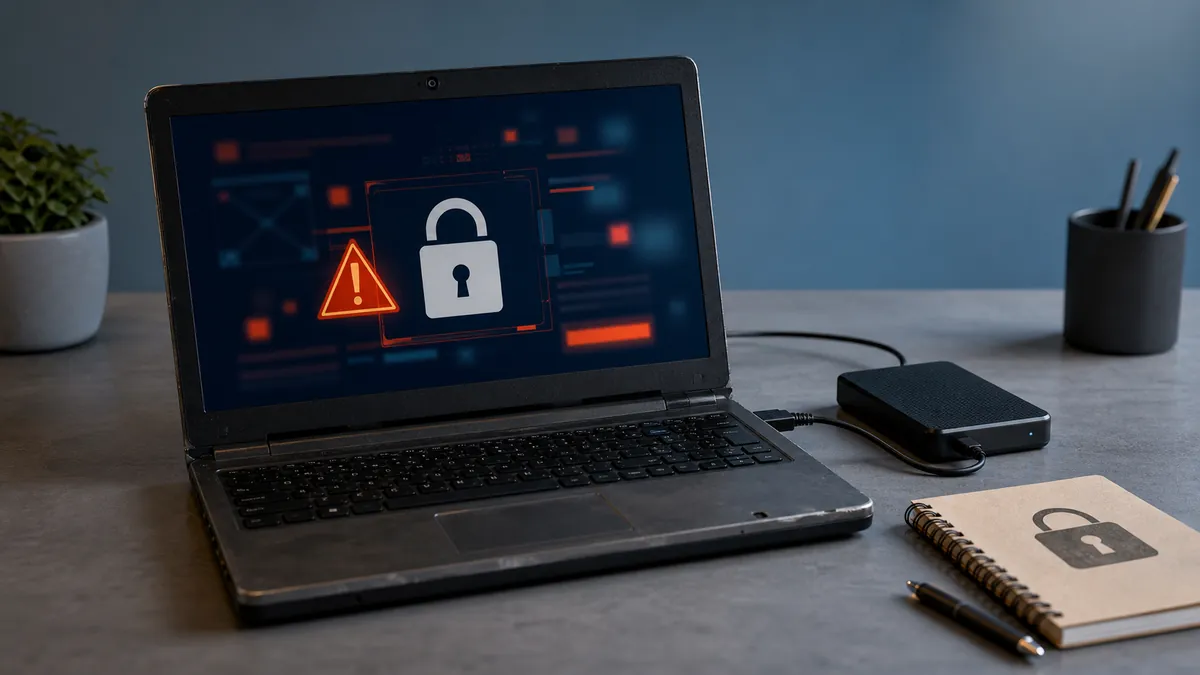 Ancien ordinateur avec une alerte de sécurité et un disque de sauvegarde