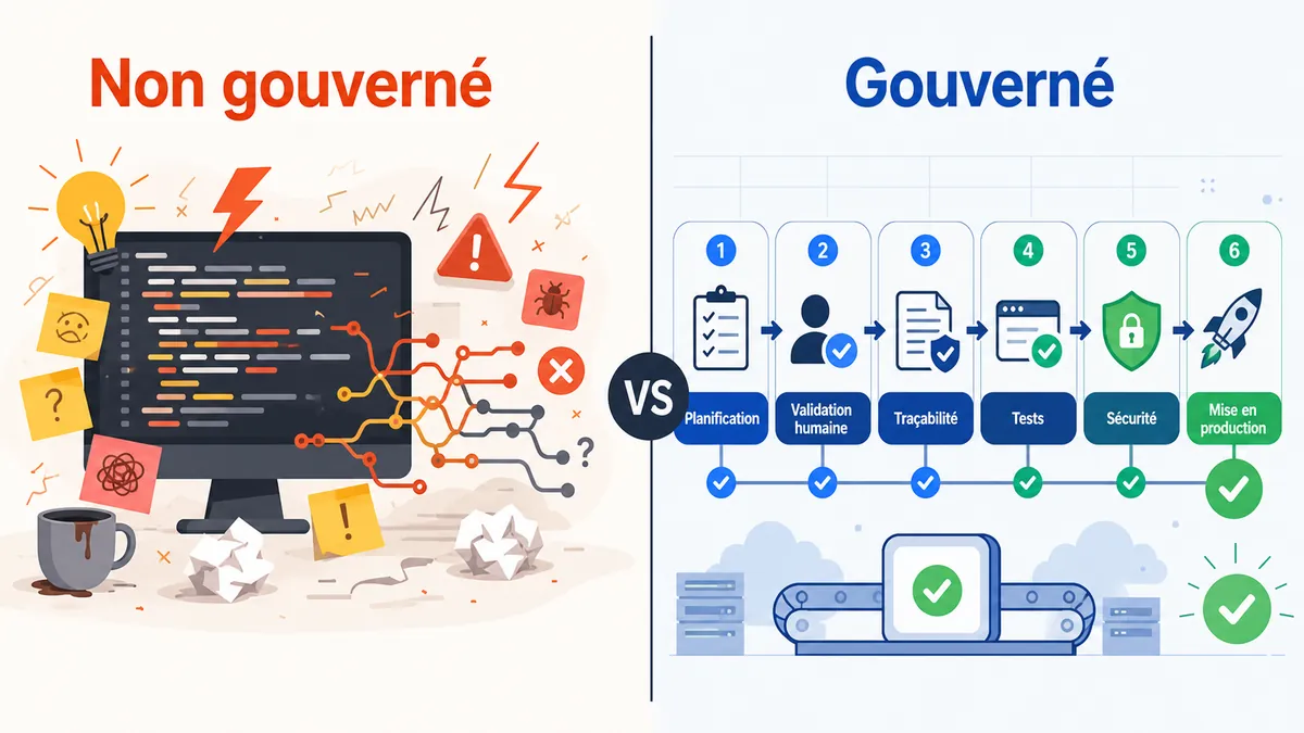 Comparaison entre le vibe coding non gouverné et le développement IA gouverné