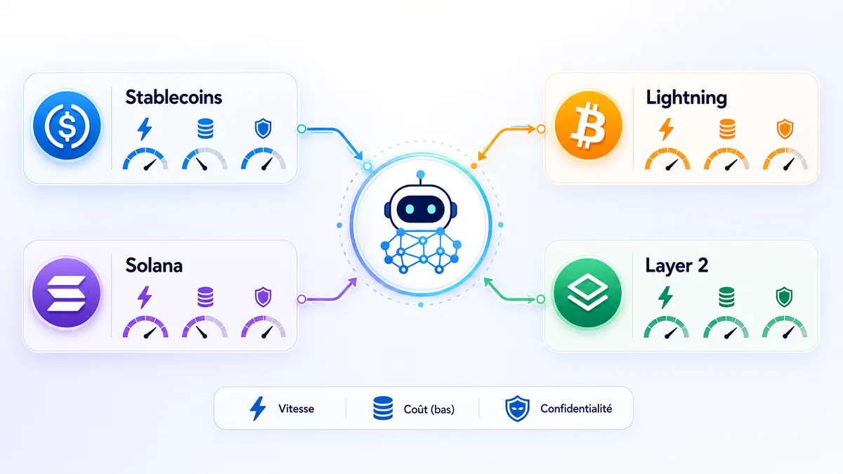 Comparaison visuelle des rails de paiement pour agents IA