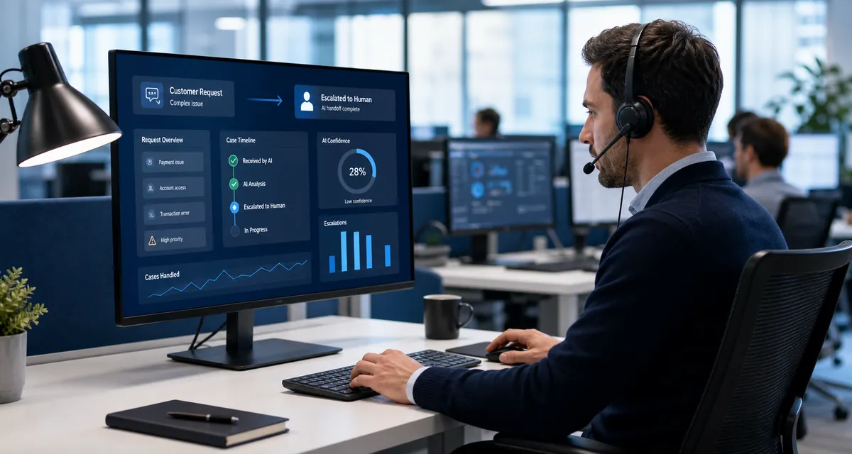 Un spécialiste humain traite une demande client complexe transmise par une IA
