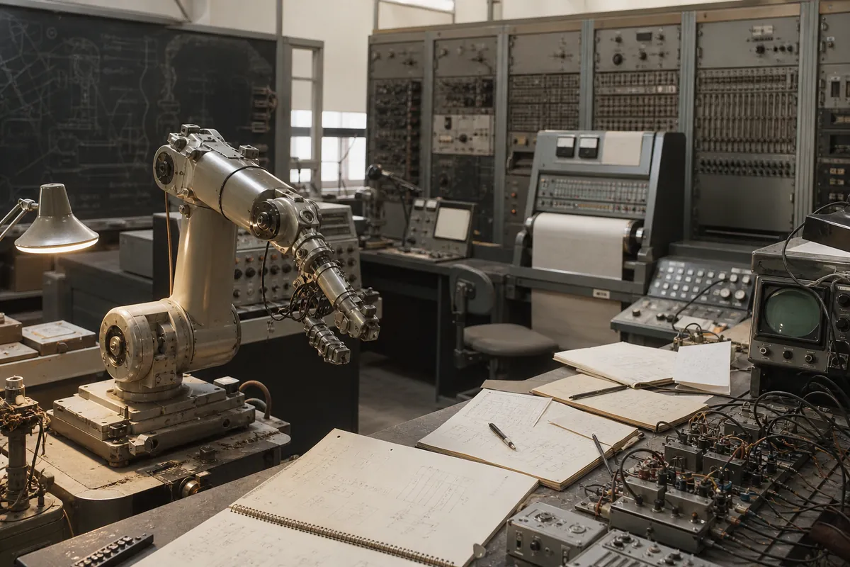 Ancien laboratoire de robotique avec bras mécanique et ordinateurs