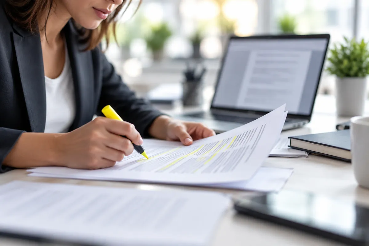 Une personne vérifie un résumé de document avec un surligneur