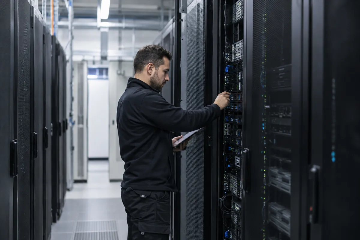 Technicien dans un data center illustrant l’hébergement contrôlé de modèles d’IA
