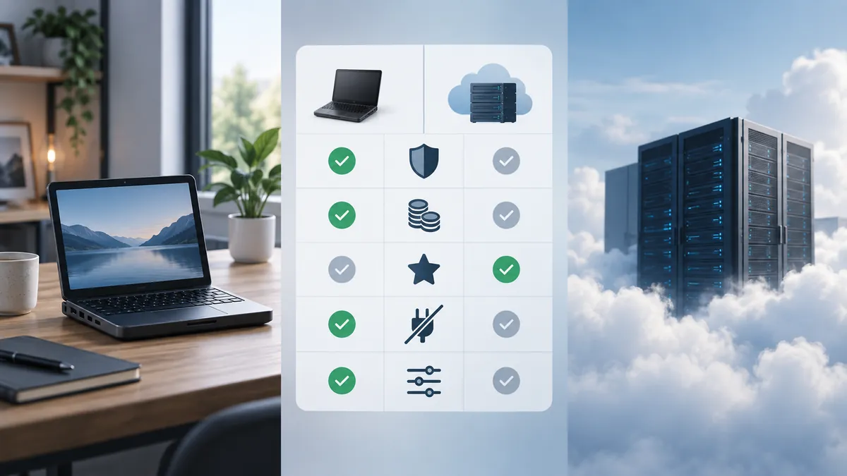 Comparaison visuelle entre IA locale et IA cloud selon plusieurs critères pratiques