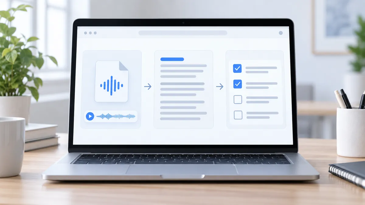 Écran illustrant le passage d’un fichier audio à une transcription puis à une checklist