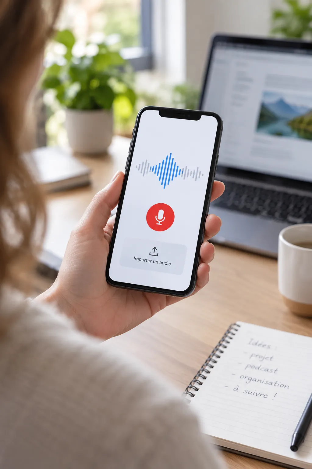 Personne utilisant un smartphone pour enregistrer ou importer une note vocale