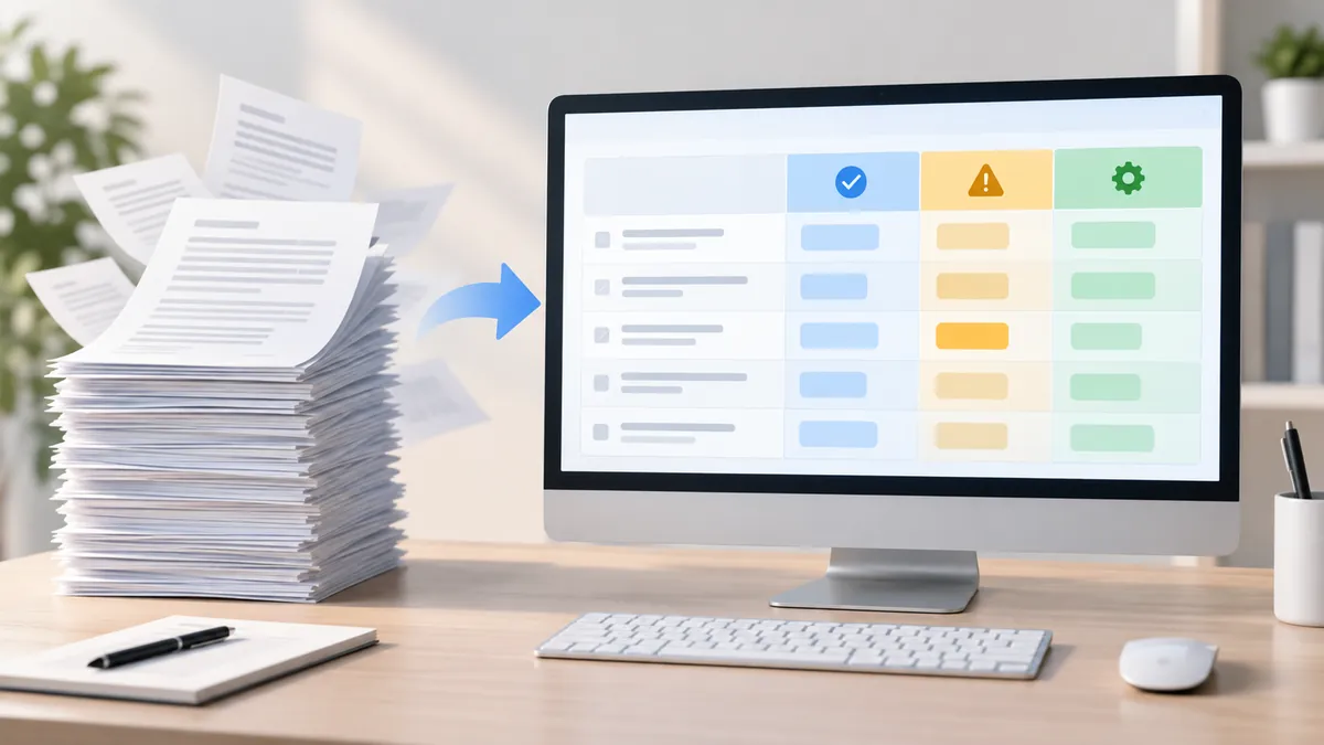 Un document long converti en tableau de décisions, risques et actions