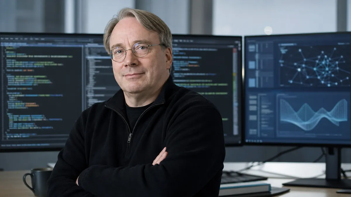 Linus Torvalds devant des écrans de code Linux et d’intelligence artificielle