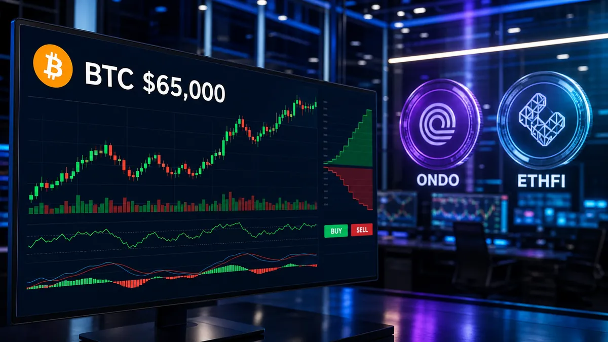 Écran de trading crypto avec Bitcoin Ondo et Ether.fi